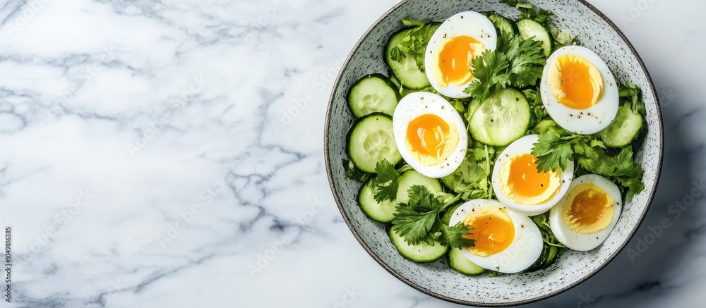 Fototapete healthy bowl featuring cucumber salad with eggs and coriander on a marble background. with copy spac