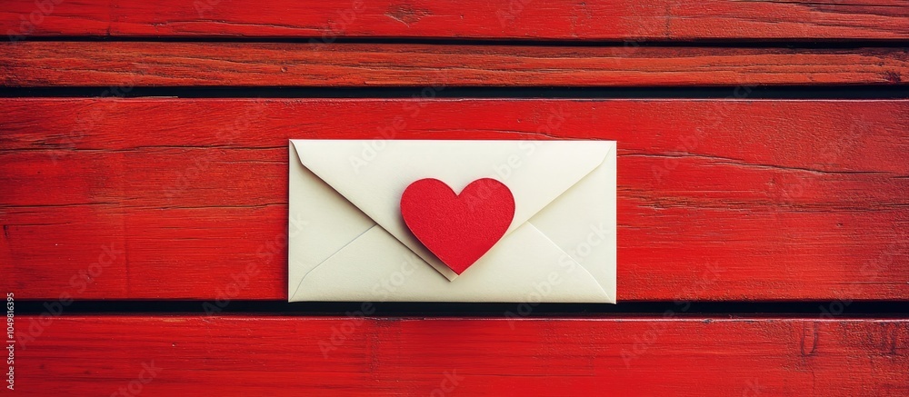 Poster white paper love letter envelope featuring a red heart on a red background atop a red wood table wit