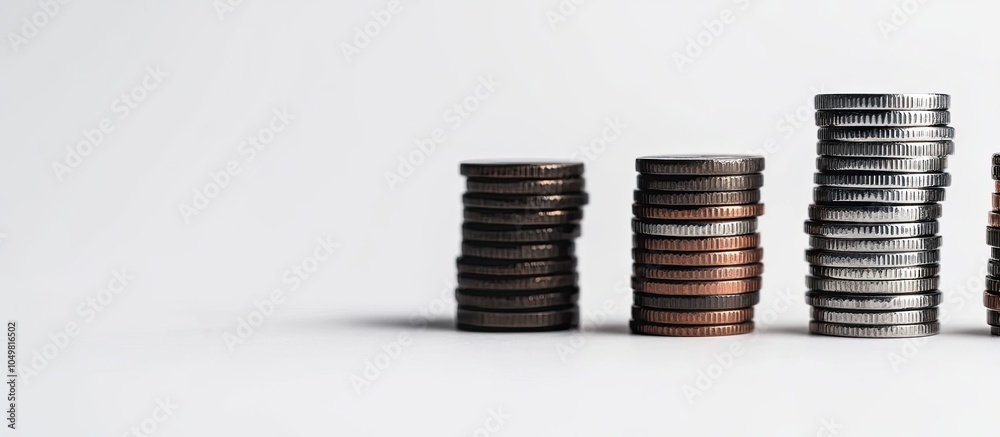 Poster Side view of ascending stacks of coins on a white studio background isolated representing a business and financial concept in close up. with copy space image. Place for adding text or design