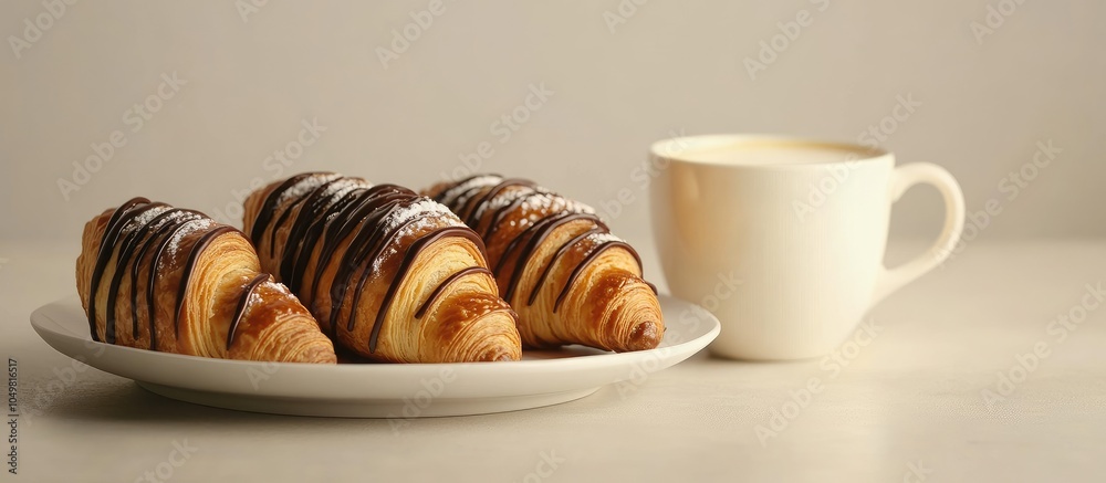 Leinwandbilder fresh warm croissants drizzled with chocolate alongside a cup of coffee with milk. with copy space i