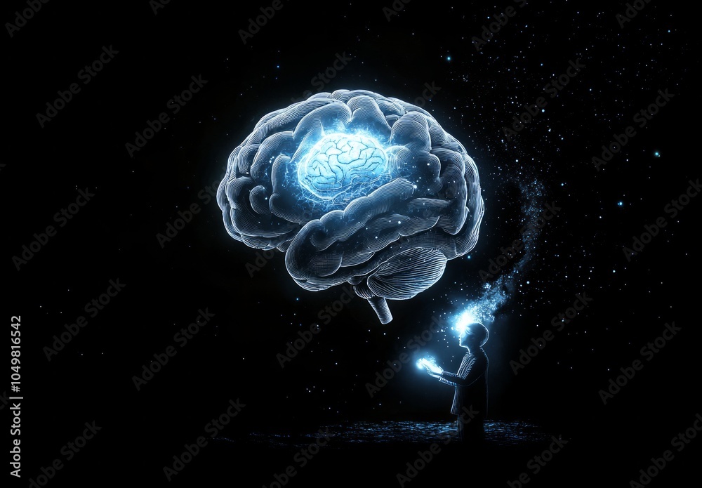Poster artificial intelligence and human brain merge. close-up ai robot holds ai brain with open hand. arti