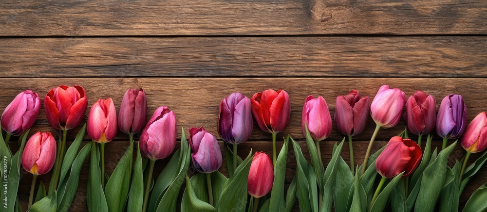 Aufkleber border of fresh red pink and purple tulips on a wooden background. with copy space image. place for 