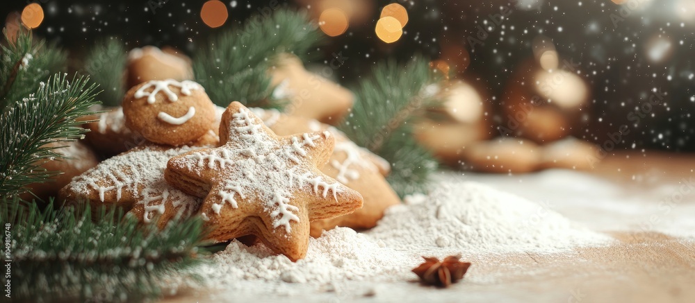 Poster Christmas background featuring cookies and flour Selective focus. with copy space image. Place for adding text or design