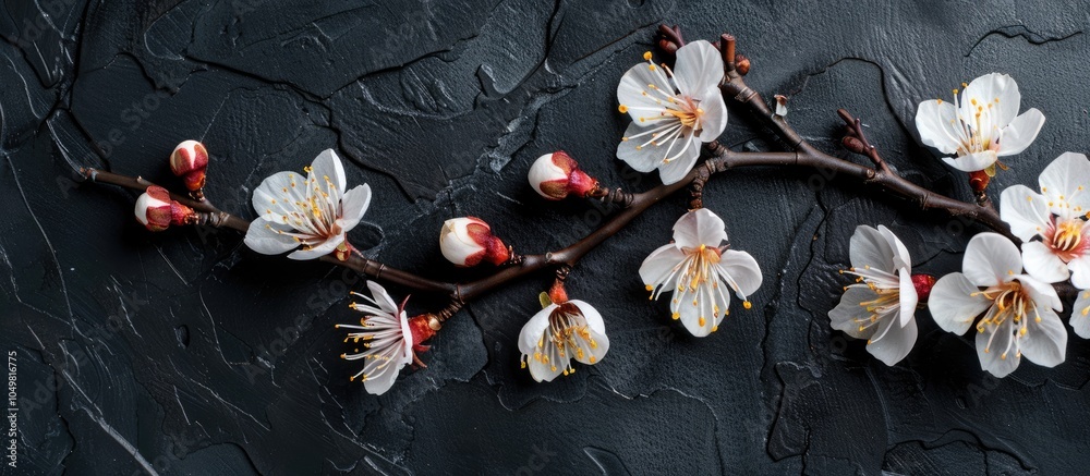 Aufkleber apricot blossoms on a black background top view. with copy space image. Place for adding text or design