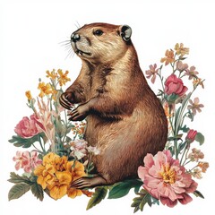A detailed illustration of a groundhog standing among colorful flowers in a vibrant garden