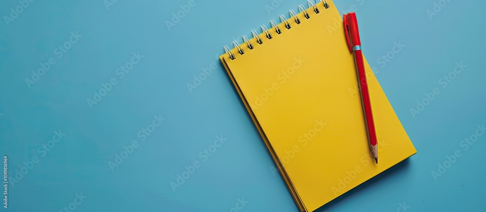 Poster yellow notepad and pencil featuring a work from home message on a blue background concept of working