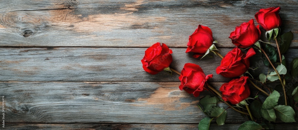 Fototapete red roses on a wooden surface. with copy space image. place for adding text or design