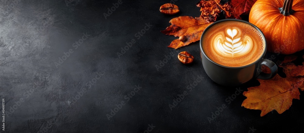 Poster autumn pumpkin latte coffee on a dark background. with copy space image. place for adding text or de