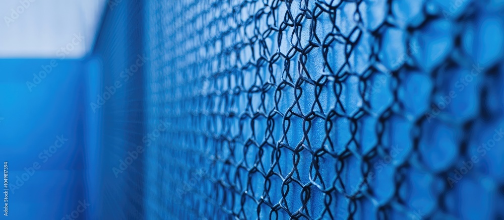 Poster Blue urban abstract detail as a background with reinforced wire mesh resting against the wall. with copy space image. Place for adding text or design