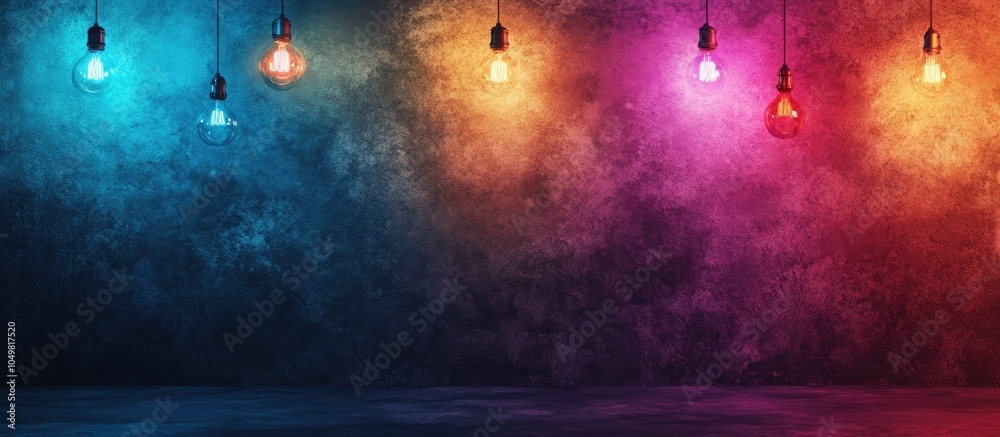 Poster textured dark backdrop featuring colorful lights and bulbs. with copy space image. Place for adding text or design
