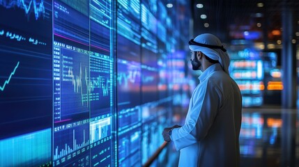 A trader on the Dubai Financial Market floor, monitoring screens with fluctuating trade
