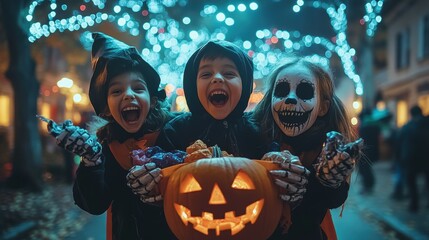 Three joyful kids in halloween costumes celebrating with a pumpkin