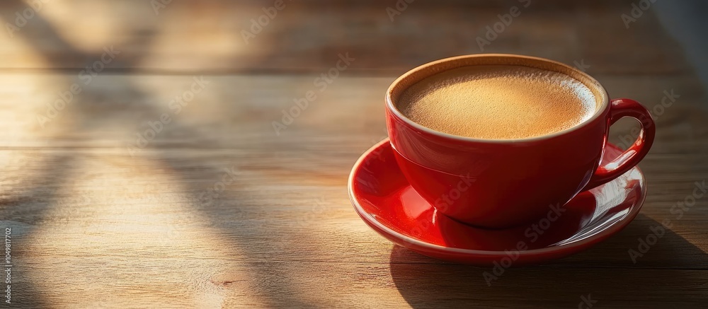 Poster red cup of delicious coffee set on a wooden table. with copy space image. place for adding text or d