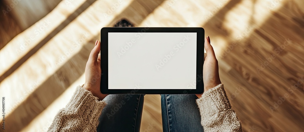 Poster Top view mockup image of a woman holding a black tablet PC with a blank white display. with copy space image. Place for adding text or design