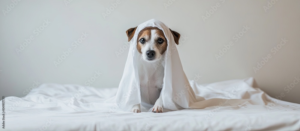 Poster jack russell terrier dog dressed in a ghost costume against a white background. with copy space imag