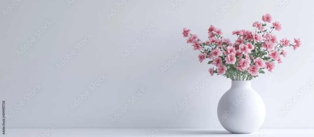 Fototapete artificial pink flowers in a white vase on a white table. with copy space image. place for adding te