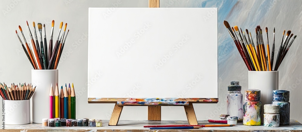 Poster artist s setup easel with a blank canvas colored pencils and paint supplies. with copy space image. 
