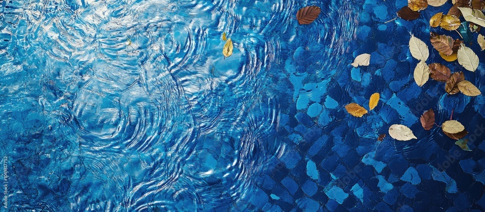 Poster Top view of a blue swimming pool surface with reflections on the blue water swirl pattern texture and blue tiles Leaves in the murky water swimming pool is open Background backdrop with copyspace