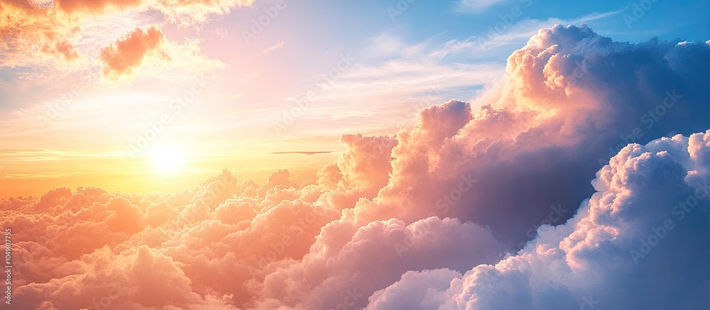 Aufkleber stunning dramatic puffy clouds at sunset set against blue skies. with copy space image. place for ad