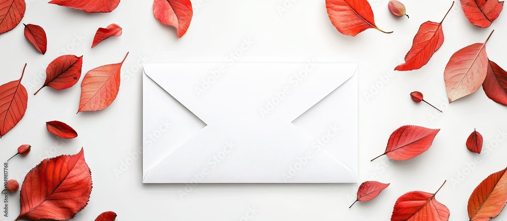 Leinwandbilder Envelope and autumn leaves on a white backdrop. with copy space image. Place for adding text or design