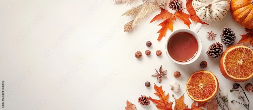 Aufkleber Minimal autumn arrangement Brunch setting Still life Fall winter theme Fall winter backdrop. with copy space image. Place for adding text or design