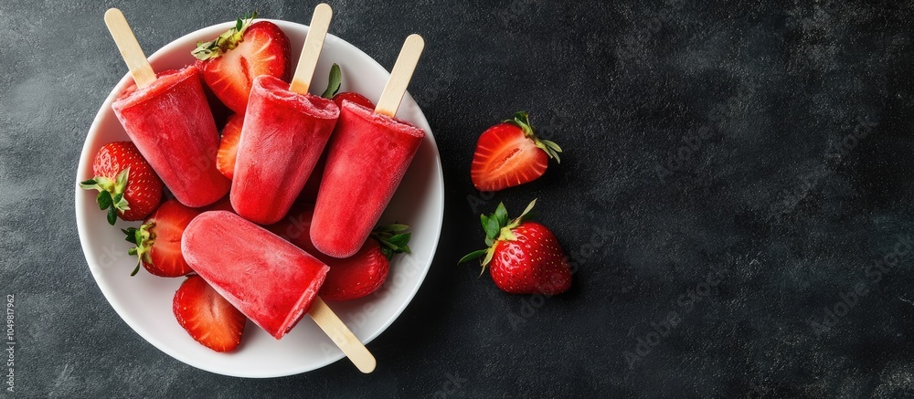 Poster strawberry ice cream popsicles on a white plate against a dark background with copy space fresh stra