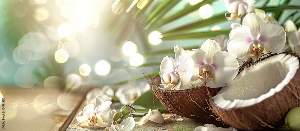 Aufkleber Coconut and orchid spa. with copy space image. Place for adding text or design