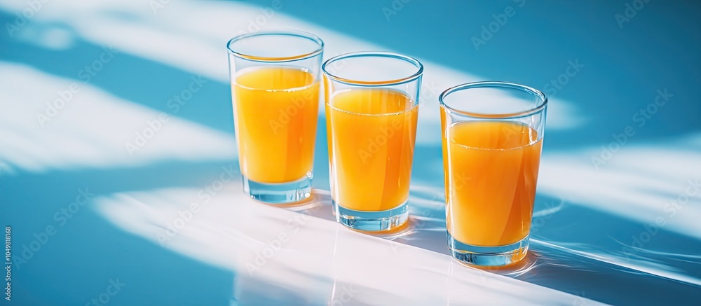 Poster a group of glasses filled with orange juice and three empty glasses for water on a clean bright back