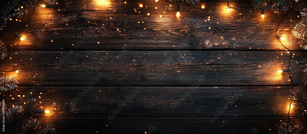 Poster Wooden background with lights for Christmas and New Year. with copy space image. Place for adding text or design