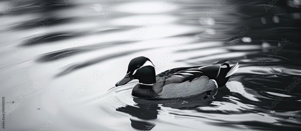 Fototapete black and white duck in the pond. with copy space image. place for adding text or design