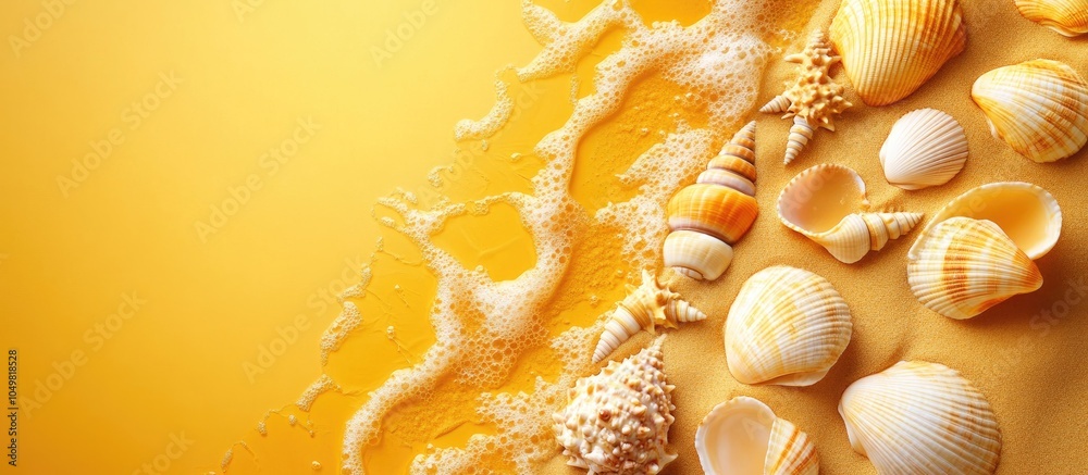 Poster summer at the beach design for a blog featuring shells on sand with a yellow background top view cop