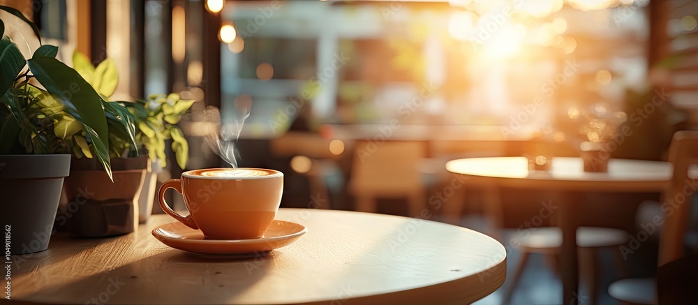 Aufkleber A cup of coffee on a table in a cafe setting. with copy space image. Place for adding text or design