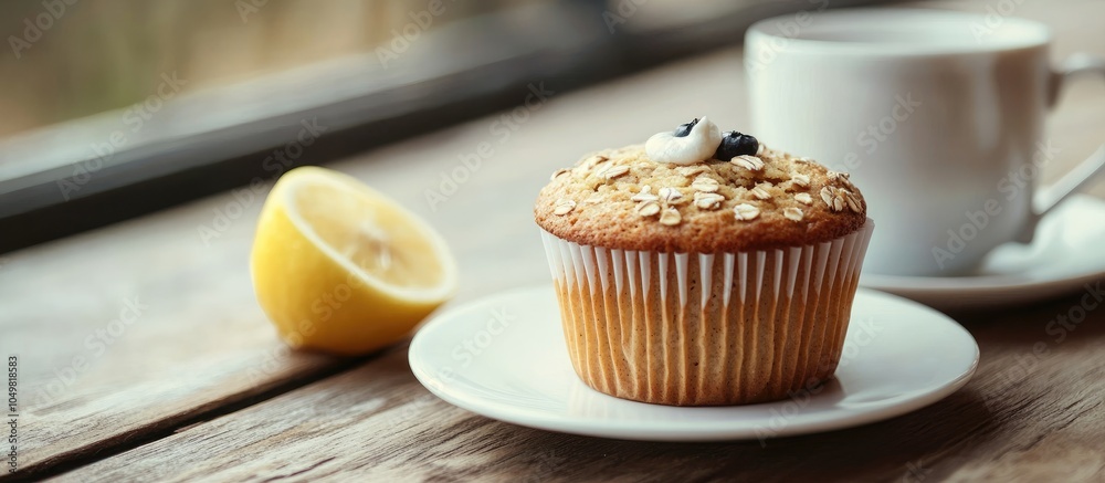 Aufkleber breakfast includes an oat muffin and tea with lemon. with copy space image. place for adding text or