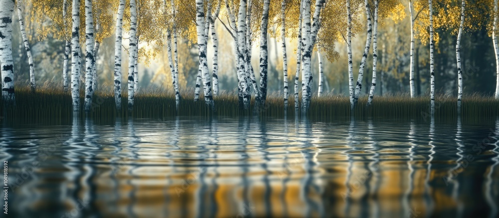 Poster reflection of a birch grove on the lake with ripples. with copy space image. place for adding text o