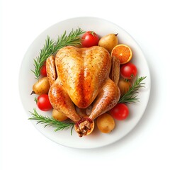Roasted chicken with vegetables, white isolate background