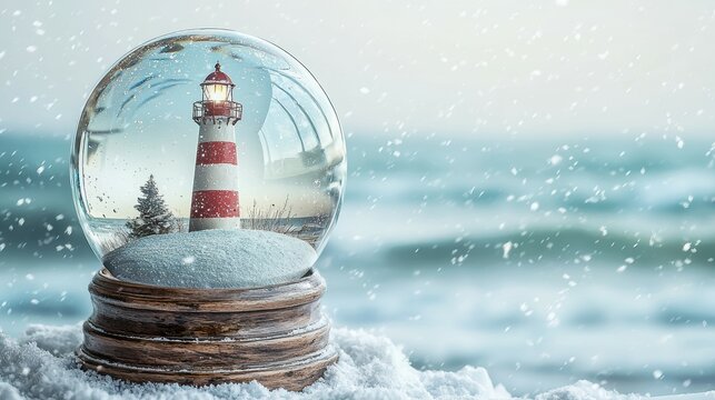 Enchanting christmas snow globe featuring a striking lighthouse on a snowy shoreline