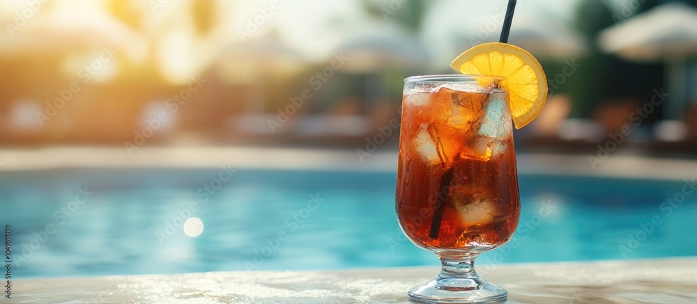 Poster Pleasant cocktail by the pool Selective focus Beverage. with copy space image. Place for adding text or design