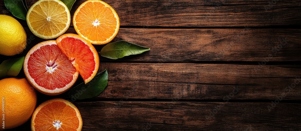 Poster a collection of citrus fruits orange tangerine grapefruit and lemon set against a wooden backdrop to
