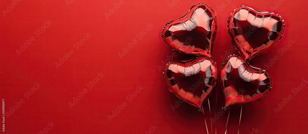 Poster heart shaped foil balloons on a red background from a top view copy space celebratory background for