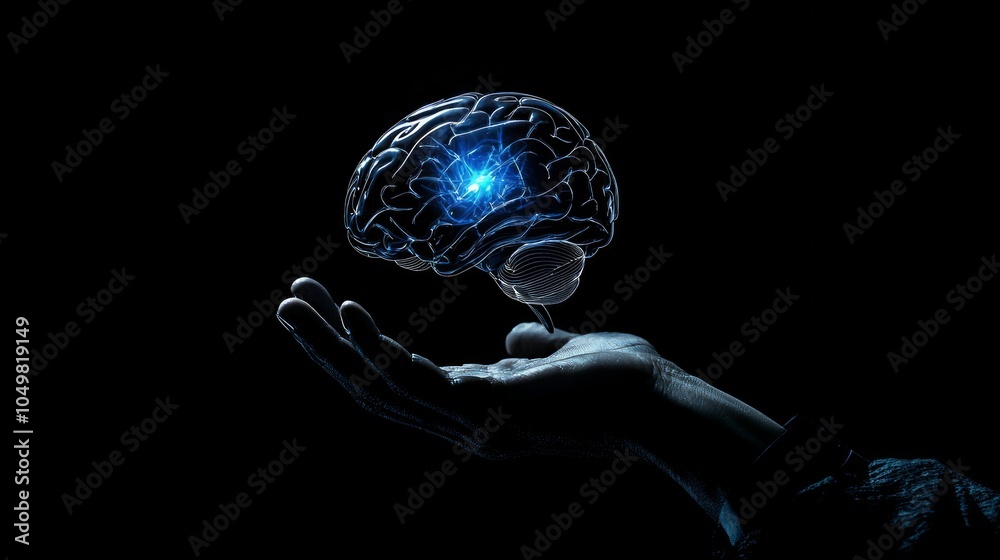 Poster artificial intelligence and human brain merge. close-up ai robot holds ai brain with open hand. arti