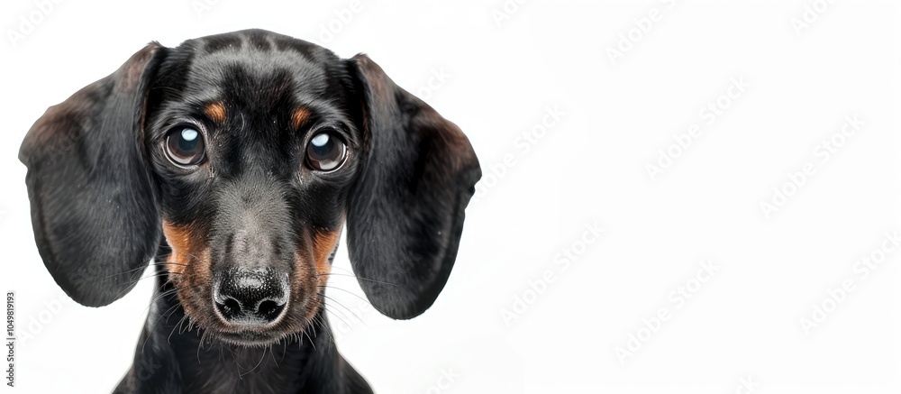 Poster portrait of a black dachshund puppy with a sad expression against a white background with copyspace