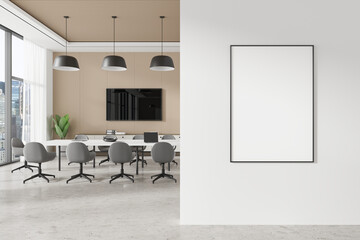 Blank poster mockup in modern office interior with conference table and chairs. 3D Rendering