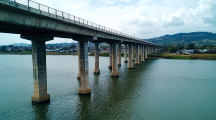 Fototapeta premium Concrete bridge with many pillars spans a river.