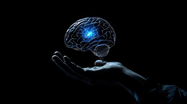 Artificial intelligence and human brain merge. Close-up AI robot holds AI brain with open hand. Artificial intelligence or AI analysis information. AI produces a superior brain from itself. Human brai