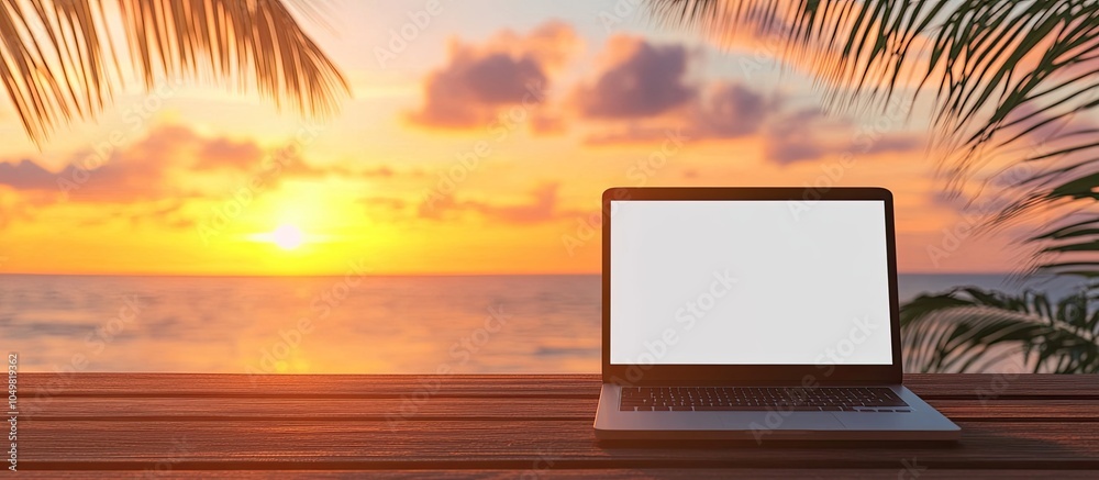 Poster Laptop with a blank screen on a wooden table at sunset. with copy space image. Place for adding text or design