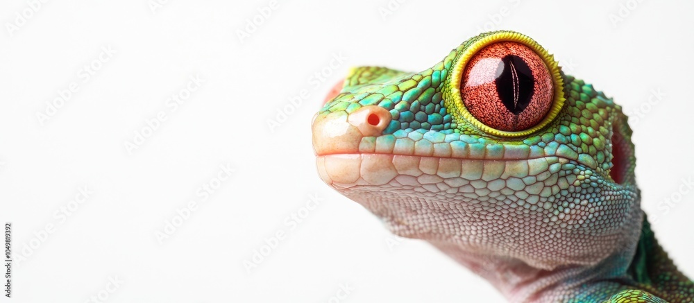 Aufkleber Close up of a gecko lizard against an isolated white background. with copy space image. Place for adding text or design