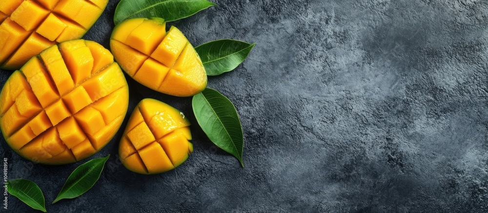 Leinwandbilder freshly sliced chopped and diced ripe mango on a gray table background with a leaf for consumption. 