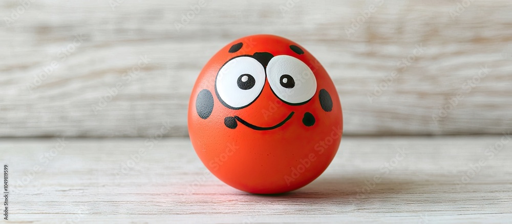 Poster Easter egg colored in red white and black featuring a cheerful ladybug face A boiled chicken egg with a red shell Set against a white wooden table background Large eyes on a playful face