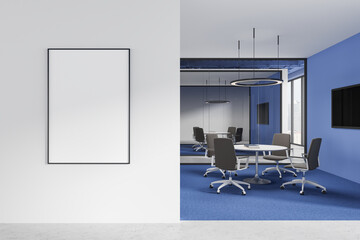 Blue business office room interior with meeting space, window. Mockup frame