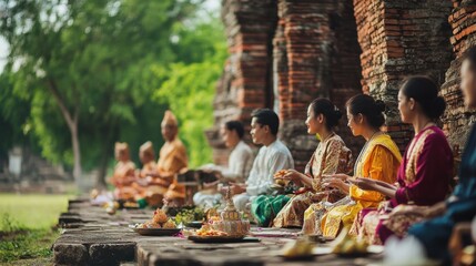 Fototapeta premium A traditional Thai ceremony taking place in the ruins of Ayutthaya, with participants dressed